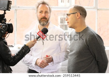 NEW YORK, NY - FEBRUARY 12: Designer couple Steven Cox(L) and Daniel Silver(R) giving interview at the Duckie Brown Show during MBFW Fall 2015 at Industria Superstudio on February 12, 2015 in NYC