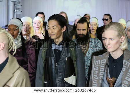 NEW YORK, NY - FEBRUARY 13: Models walk at Nina Athanasiou Runway at MBFW Fall 2015 at The Designer\'s Loft on February 13, 2015 in NYC.