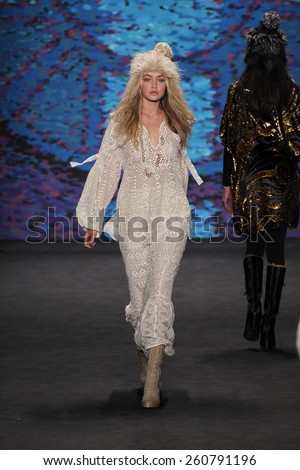 NEW YORK, NY - FEBRUARY 18: Model Gigi Hadid A model walks the runway at the Anna Sui fashion show during MBFW Fall 2015 at Lincoln Center on February 18, 2015 in NYC