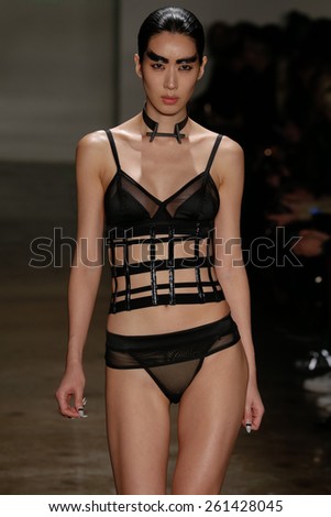 NEW YORK, NY - FEBRUARY 13: A model walks the runway at the Chromat AW15: Mindware fashion show during MBFW Fall 2015 at Milk Studios on February 13, 2015 in NYC