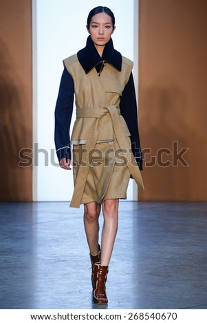 NEW YORK, NY - FEBRUARY 15: Model Fei Fei Sun walk the runway at the Derek Lam Fashion Show during MBFW Fall 2015 at Pace Gallery on February 15, 2015 in NYC