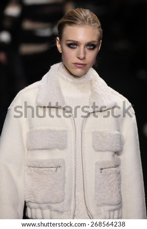 NEW YORK, NY - FEBRUARY 15: Model Hedvig Palm walk the runway at the Diane Von Furstenberg fashion show during MBFW Fall 2015 at Spring Studios on February 15, 2015 in NYC