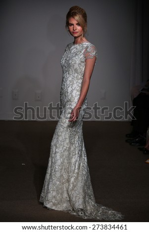 NEW YORK, NY - APRIL 19: A model walks the runway at the Anna Maier / Ulla-Maija Couture Bridal Spring/Summer 2016 Runway Show on April 19, 2015 in NYC