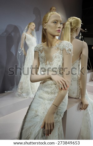 NEW YORK, NY - APRIL 20: Bridal dresses on the mannequins is seen at A Toast To Tony Ward: A Special Bridal Collection at Kleinfeld on April 20, 2015 in NYC.