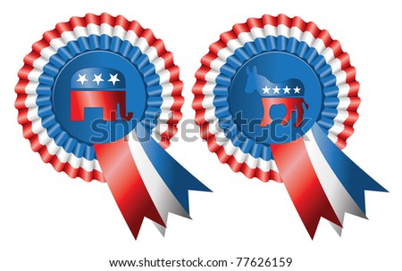 Ribbon style buttons for both Republican and Democratic Parties featuring the elephant and donkey logos, editorial.