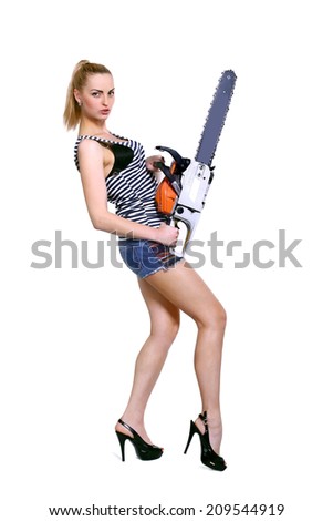 beautiful hot blond woman hold a chainsaw over white background isolated