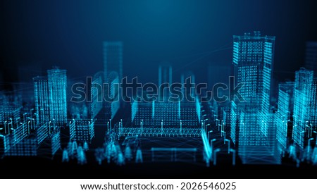 Smart city or digital cityscape IOT or Internet of things cloud computing with hologram wire-frame cityscape in futuristic style - Conceptual Illustration Rendering