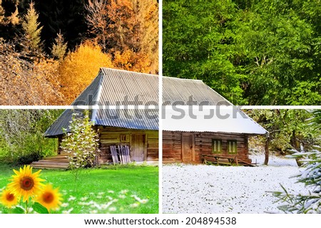 Four seasons in one photo. The wooden house