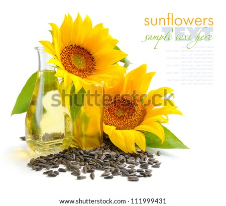 Sunflower oil is with the flowers of sunflower and grain on white background
