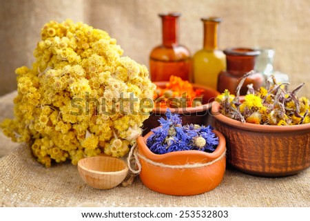 Healing herbs and tinctures in bottles on sackcloth, dried  flowers, herbal medicine