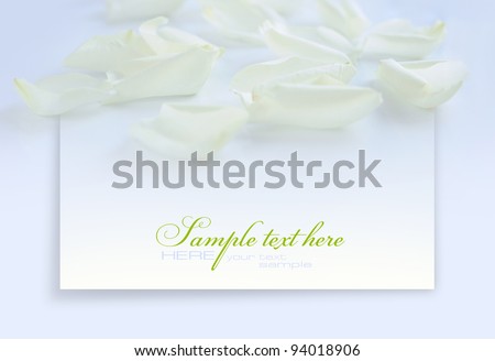 White petals of roses on the sheet of paper on a blue background with space for text