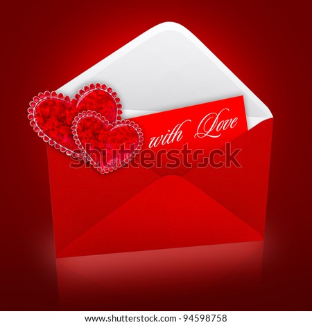 Two decorative hearts are on a postal envelope with a love message