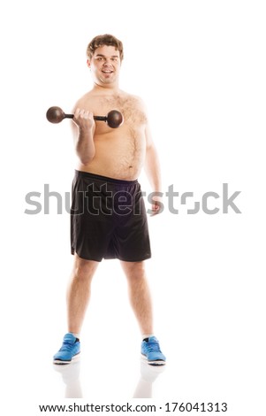 Fat fitness man is posing in studio on white background.