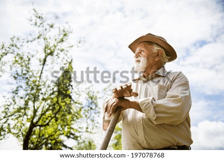 Old farmer with a hoe is having break from weeding