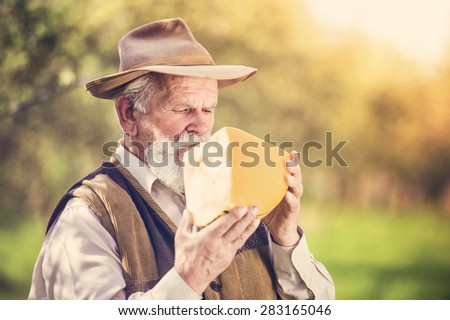Senior farmer with organic cheese outside in green nature