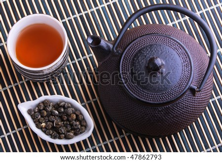 Cast iron TeaPot with teacup and tea leaves on a bamboo mat