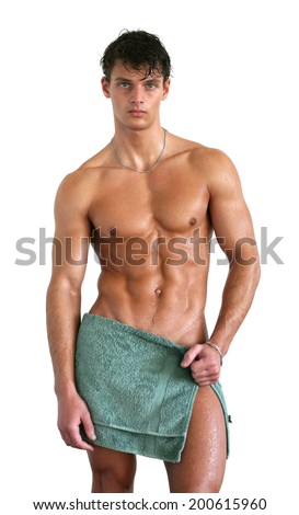 Wet muscular man wrapped in a towel isolated on white