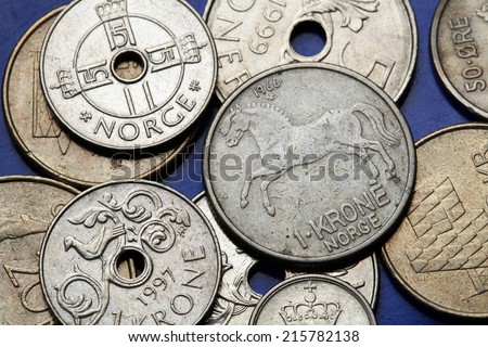 Coins of Norway. Norwegian fjord horse and fowl bird depicted in Norwegian one krone coins.