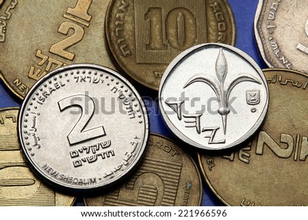 Coins of Israel. Lily depicted in the Israeli one new shekel coin and the Israeli two new shekels coin.