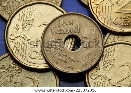 Coins of Spain. King Juan Carlos I of Spain depicted in the old Spanish 25 peseta coin.