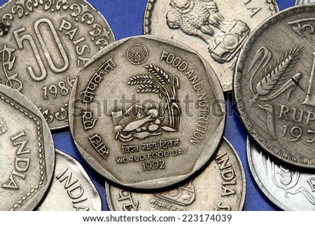 Coins of India. Indian one rupee coin from 1992 dedicated to World Food Day.