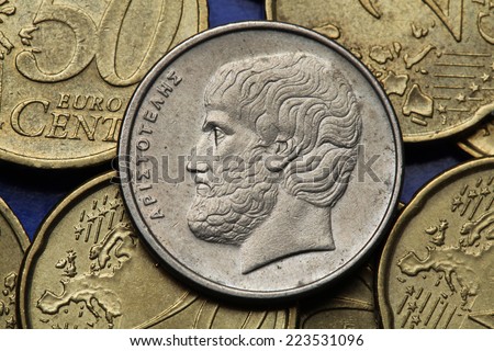 Coins of Greece. Greek philosopher Aristotle depicted in the old Greek five drachma coin.