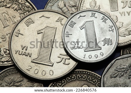 Coins of China. Chinese one Yuan and one Jiao coins.