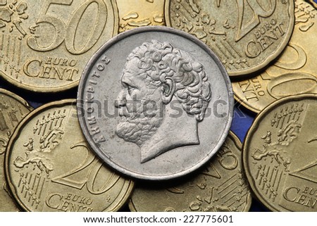 Coins of Greece. Greek philosopher Democritus depicted in the old Greek 10 drachma coin.