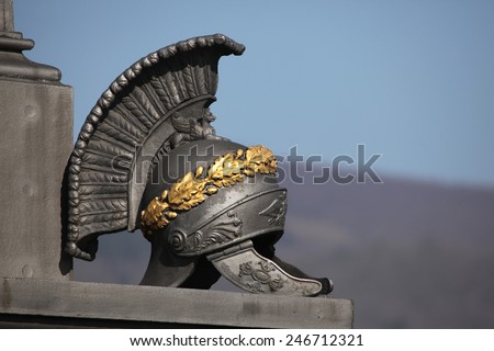 Ancient Roman helmet. Memorial to Russian soldiers fallen in the Battle of Kulm (1813) in North Bohemia, Czech Republic.