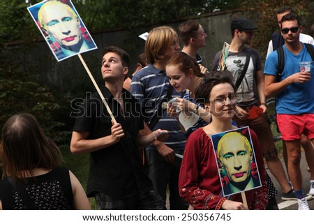 PRAGUE, CZECH REPUBLIC - SEPTEMBER 8, 2013: Czech homosexual activists protest against the Russian anti gay laws in front of the Russian Embassy in Prague, Czech Republic.