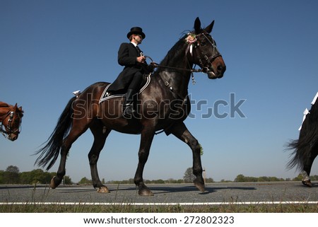 RALBITZ, GERMANY - APRIL 24, 2011: Easter Riders attend the Easter ceremonial equestrian procession in the Lusatian village of Ralbitz near Bautzen, Upper Lusatia, Saxony, Germany.