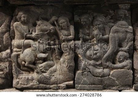 Stone bas relief from the Prambanan Temple near Yogyakarta, Central Java, Indonesia.