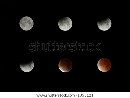 Six phases of a total lunar eclipse.