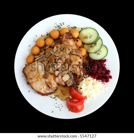 Plate of fried meat under champions isolated on black. Traditional Czech meal