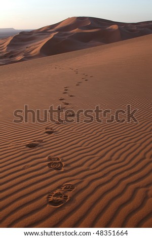 Human footsteps in the sand dunes of Erg Chebbi in the Sahara Desert, Morocco.