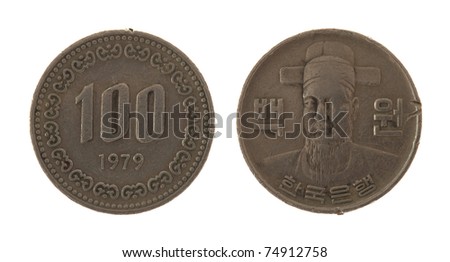 100 South Korean Won coin isolated on white