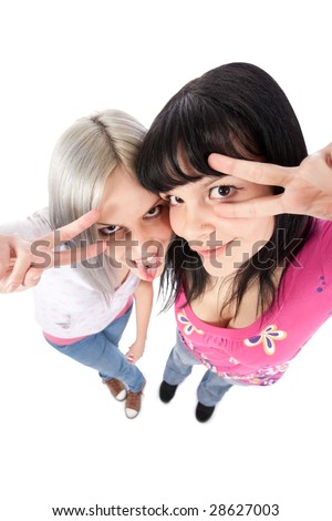 Two girls holding two fingers like in pulp fiction dance routine