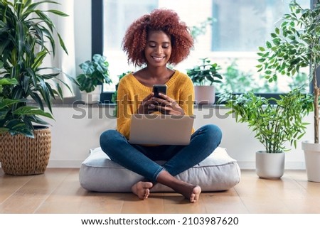 Similar – Image, Stock Photo Woman using her laptop at home.