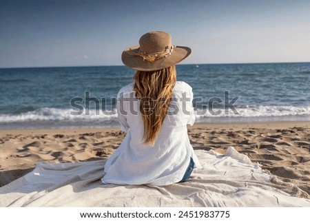 Similar – Image, Stock Photo Woman traveler in straw hat walking