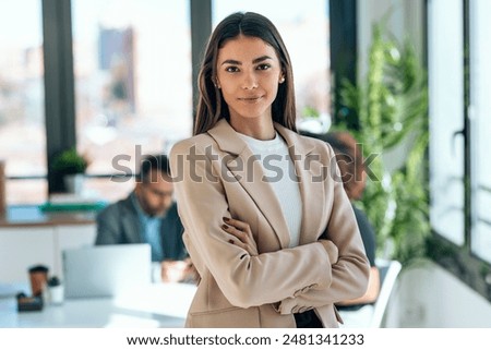 Similar – Image, Stock Photo Happy young brunette female exercising and stretching in the park