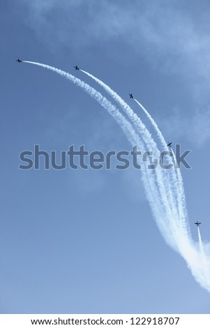 ROME - JUNE 3: The acrobatic team Breitling Jet Team perform at the Rome International Air Show on June 3, 2012 in Rome, Italy