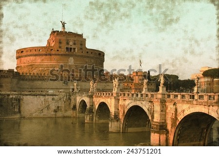 Vintage image of the Saint Angel Castle and the Angels bridge in Rome, Italy