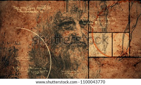 A retro 3d rendering of code Da Vinci with the portrait of the world known master in his old age, a human leg, some construction and short texts written in the englh language.  ストックフォト © 