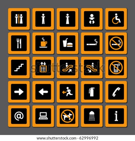 Pictogram set for indoor use in orange and white on black