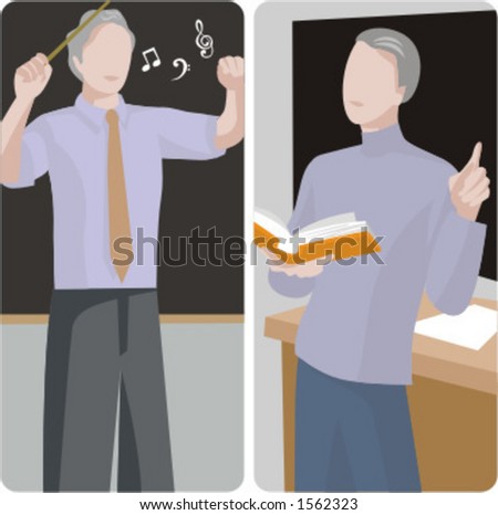 Teacher illustrations series.  1) Music teacher teaching a class. 2) A general classes teacher teaching a class in a classroom.