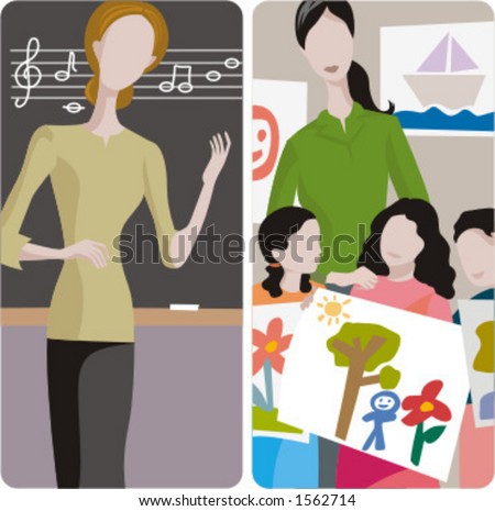 Teacher illustrations series. 1) Music teacher teaching a lesson in a classroom. 2) Art teacher and her class in a classroom.