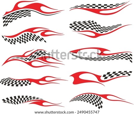 Vector Racing Flame Designs with Checkered Flags for Vehicle Vinyl Decals. Ready-to-cut graphics, great for sport cars, ATVs, trucks, motors and bikes.