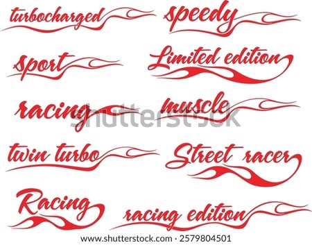 Non-AI vector word flame designs set for racing and hot rod vehicle vinyl decals. Human made ready-to-cut decorative graphics, great for sport cars, ATVs, off-road vehicles, trucks, motors and bikes.