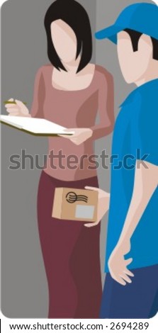 Vector profession series. Delivery man and a woman receiving a package.