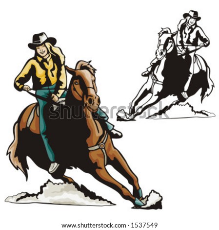 Illustration Of A Rodeo Cowgirl Riding A Saddled Horse. - 1537549 ...